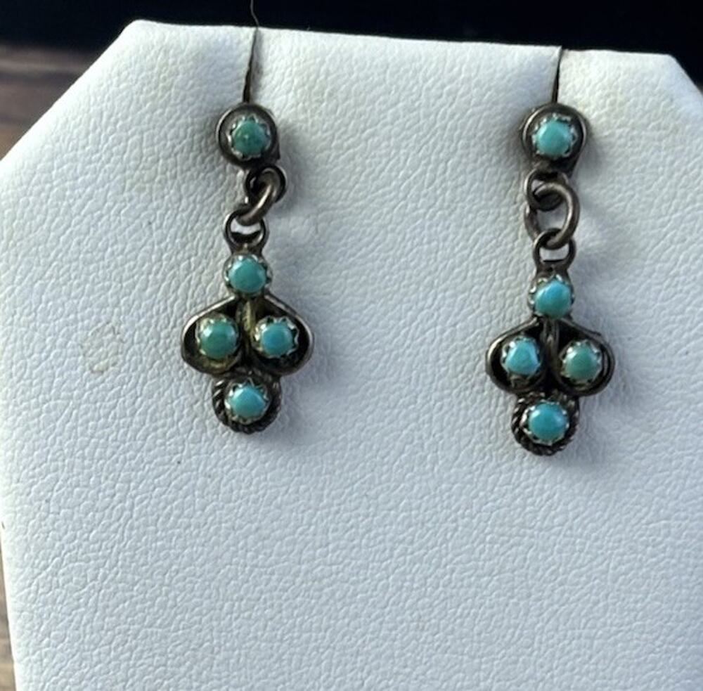 HANDMADE NATIVE AMERICAN STERLING SILVER & TURQUOISE SIGNED CROSS EARRINGS-2.55G
